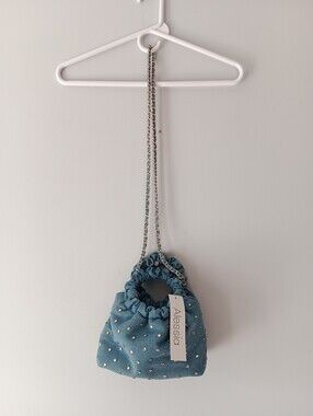 Alessia Rhinestone Studs Denim Blue Small Crossbody Satchel Handled Bag Blue 8"